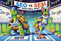 DALL·E 2024-11-20 19.07.03 - A creative infographic-style illustration comparing SEO and SEM as characters in a digital race. SEO is depicted as a wise tortoise wearing a graduati